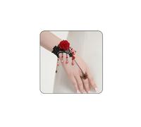 Yheahin Gothic Black Lace Bracelet with Ring Vintage Red Rose Flower Slave Bracelet Crystal Tassel Charm Lolita Costome Harness Hand Chain for Women, Adjustable, Lace Fabric, crystal