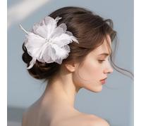 Yheahin Vintage Women Feather Flower Hair Clip Barrettes 1920s Victoria Large Tulle Floral Headpiece with Crystal for Bridal Wedding Hawaii Beach Dance Tea Party (White)