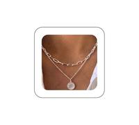 Yheakne Silver Moonstone Opal Pendant Necklace, Boho Layered Paper Clip Chain Choker, Punk Flat Chain, Women & Girls (Silver)