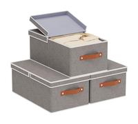 YheenLf 3-Pack Storage Boxes, Decorative Fabric Organizer Container Baskets with Handles for Shelves, Collapsible Clothes Cubes with Detachable Lid, Gray, 41×25×16.5 cm