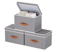 YheenLf Storage Bins with Flip-Top Lids, Linen Fabric Foldable Clothes Boxes, Organizer Containers Baskets Cube with Handles for Bedroom, Closet, Office, Gray, 3-Pack, 38×25×25 cm