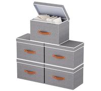 YheenLf Storage Bins with Flip-Top Lids, Linen Fabric Foldable Clothes Boxes, Organizer Containers Baskets Cube with Handles for Bedroom, Closet, Office, Gray, 5-Pack, 38×25×25 cm