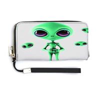 YHEGBFD Leather Purse,Green Alien Print Womens Wallet,travel Wallet,wrist Strap Long Purse,leather Zip Around Wallet, style-8, 20.0*10.5cm, Modern