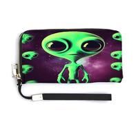 YHEGBFD Leather Purse,Green Alien Print Womens Wallet,travel Wallet,wrist Strap Long Purse,leather Zip Around Wallet, style-9, 20.0*10.5cm, Modern