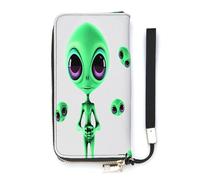 YHEGBFD Leather Purse,Green Alien Print Womens Wallet,travel Wallet,wrist Strap Long Purse,leather Zip Around Wallet, style, 20x10.5cm, Modern