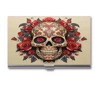 YHEGBFD Metal Business Card Case,Red Rose Sugar Skull Print Business Card Holder,business Card Box,slim Business Card Case for Men & Women