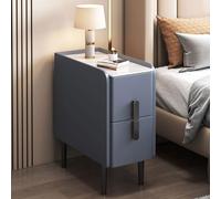 YHEIANJ Luxury Black Faux Leather Bedside Table with Marble Top Narrow Design 2 Drawers Metal Legs Stylish Bedroom Storage Cabinet Modern Side Table for Home Decor，Blue 20x40x50cm