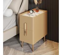 YHEIANJ Slim Nightstand with 2 Drawers, Pu Leather Bedside Table Modern Minimalist Side End Table with Metal Legs, Bedside Storage Cabinet for Narrow Spaces In Bedrooms, Ora，Khaki 35x40x50cm
