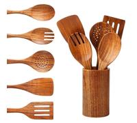 Yhendelion 6 PCS Wooden Spoons for Cooking - Teak Wooden Cooking Utensils Set with Holder - Non-Stick, Soft Grip, Ergonomic Design - Natural Finish