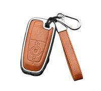Yhenlovtt Leather Car Key Cover Case Compatible with Focus 4, Edge, Explorer, Fusion, For ranger, F150, F250, F350, Ecosport 3 Buttons Remote E(BROWN+SILVER)