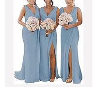 yhfshop Elegant Bridesmaid Dresses,Double shoulder V-neck chiffon slit evening gown-Gray blue_40,Women's Classic Evening Dresses