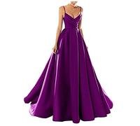 yhfshop Elegant Bridesmaid Dresses,Sexy V-Neck Spaghetti Strap Satin Evening Dress,Purple I,US16w,Women's Classic Evening Dresses