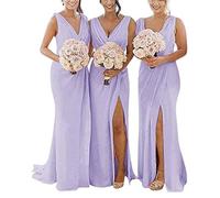 yhfshop Fashion Long Evening Dress,Double shoulder V-neck chiffon slit evening gown-Lilac_38,Formal Long Evening Party Dress