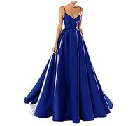 yhfshop Fashion Long Evening Dress, Sexy V-Neck Spaghetti Strap Satin Formal Evening Party Dress, Royal Blue, US18w
