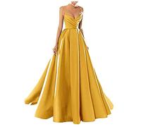 yhfshop Fashion Long Evening Dress, Sexy V-Neck Spaghetti Strap Satin Formal Long Evening Party Dress, Golden, US10