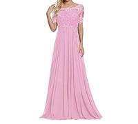 yhfshop Fashion Long Evening Dress,Shoulder short sleeve lace applique party dress-rose Red_16,Formal Long Evening Party Dress