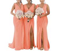 yhfshop Floor Length Bridesmaid Dresses,Double shoulder V-neck chiffon slit evening gown-Coral red_44,Bridesmaid Party Long Dress