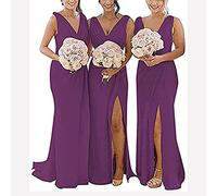 yhfshop Formal Long Evening Party Dress,Double shoulder V-neck chiffon slit evening gown-Grape purple_36,Gowns Evening Bridesmaid Dresses