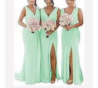 yhfshop Formal Long Evening Party Dress,Double shoulder V-neck chiffon slit evening gown-Mint Green_48,Gowns Evening Bridesmaid Dresses