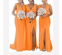 yhfshop Formal Long Evening Party Dress,Double shoulder V-neck chiffon slit evening gown-Orange_44,Gowns Evening Bridesmaid Dresses