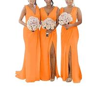 yhfshop Formal Long Evening Party Dress,Double shoulder V-neck chiffon slit evening gown-Orange_44,Gowns Evening Bridesmaid Dresses