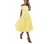yhfshop Knee Length Bridesmaid Dresses,A-line Satin one-Shoulder Three-Quarter Skirt,Yellow,US8,Vintage Knee Length Cocktail Dress