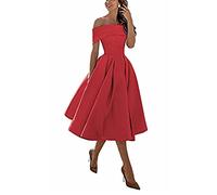 yhfshop Knee Length Prom Evening Dresses,A-line Satin one-Shoulder Three-Quarter Skirt,Big red F,US12,Wedding Guest Party Cocktail Dress