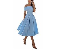 yhfshop Knee Length Prom Evening Dresses,A-line Satin one-Shoulder Three-Quarter Skirt,Sky Blue E,US16w,Knee Length Prom Evening Dresses