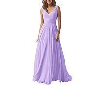 yhfshop Long Bridesmaid Evening Dress,Double shoulder V-neck chiffon dress, A-line party dress-Lilac_42,Prom Bridesmaid Long Dress
