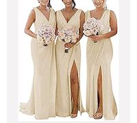 yhfshop Long Bridesmaid Evening Dress,Double shoulder V-neck chiffon slit evening gown-Light Champagne B_56,Prom Bridesmaid Long Dress