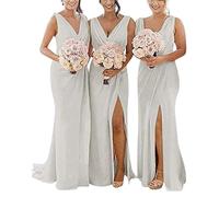 yhfshop Long Bridesmaid Evening Dress,Double shoulder V-neck chiffon slit evening gown-silver_38,Prom Bridesmaid Long Dress