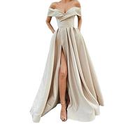 yhfshop Long Bridesmaid Evening Dress,Satin Prom Dresses With Leg Slit V Neck Floor Length,Light champagne,US10,Prom Bridesmaid Long Dress