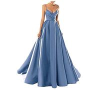 yhfshop Long Bridesmaid Evening Dress,Sexy V-Neck Spaghetti Strap Satin Evening Dress,Ocean Blue,US14,Prom Bridesmaid Long Dress