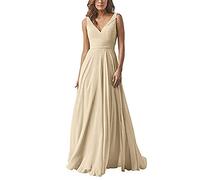 yhfshop Long Evening Dresses,Double shoulder V-neck chiffon dress, A-line party dress-champagne_34,Prom Ball Gown Bridesmaids Dresses