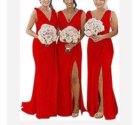 yhfshop Long Evening Dresses,Double shoulder V-neck chiffon slit evening gown-Big red_44,Prom Ball Gown Bridesmaids Dresses