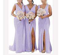 yhfshop Long Evening Dresses,Double shoulder V-neck chiffon slit evening gown-Lilac_36,Prom Ball Gown Bridesmaids Dresses