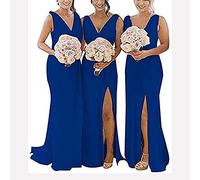 yhfshop Long Evening Dresses,Double shoulder V-neck chiffon slit evening gown-Royal blue_42,Prom Ball Gown Bridesmaids Dresses