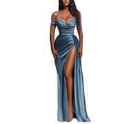 yhfshop Long Evening Dresses, Satin Mermaid Evening Dresses Beaded Ruched High Split, Gray Blue, US8, Prom Homecoming, Adult, Female, Floor Length