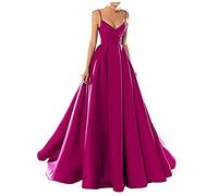 yhfshop Long Evening Dresses,Sexy V-Neck Spaghetti Strap Satin Evening Dress,Fuchsia C,US14,Prom Ball Gown Bridesmaids Dresses