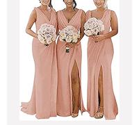 yhfshop Plus Size Evening Dresses,Double shoulder V-neck chiffon slit evening gown-Flesh pink_42,Women's Elegant Bridesmaid Dresses
