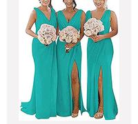 yhfshop Plus Size Evening Dresses,Double shoulder V-neck chiffon slit evening gown-Turquoise_42,Women's Elegant Bridesmaid Dresses
