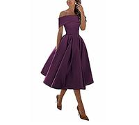 yhfshop Short Evening Paty Dresses,A-line Satin one-Shoulder Three-Quarter Skirt,Grape Purple,US24w,Knee Length Elegant Bridesmaid Dresses