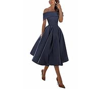 yhfshop Short Evening Paty Dresses,A-line Satin one-Shoulder Three-Quarter Skirt,Storm Blue,US10,Knee Length Elegant Bridesmaid Dresses