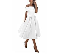 yhfshop Short Evening Paty Dresses,A-line Satin one-Shoulder Three-Quarter Skirt,White,US18w,Knee Length Elegant Bridesmaid Dresses