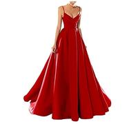 yhfshop Women's Elegant Ball Evening Gown, Sexy V-Neck Spaghetti Strap Satin Evening Dress, Red, US10, Long