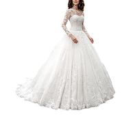 yhfshop Women's Elegant Ball Evening Gowns,2021 new long-sleeved lace trailing bridal wedding dress-off white_34,Long Evening Dress