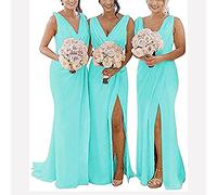yhfshop Women's Elegant Ball Evening Gowns,Double shoulder V-neck chiffon slit evening gown-Water green_42,Long Evening Dress