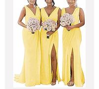 yhfshop Women's Elegant Ball Evening Gowns,Double shoulder V-neck chiffon slit evening gown-yellow_46,Long Evening Dress