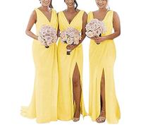 yhfshop Women's Elegant Ball Evening Gowns,Double shoulder V-neck chiffon slit evening gown-yellow_46,Long Evening Dress