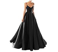 yhfshop Women's Elegant Ball Evening Gowns,Sexy V-Neck Spaghetti Strap Satin Evening Dress,Black,US10,Long Evening Dress